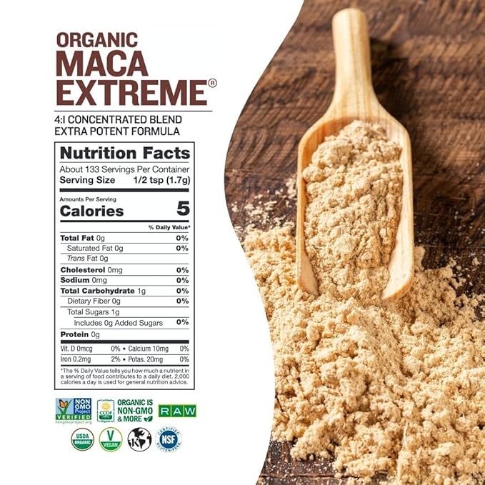 Sunfood Organic Maca Extreme - Maca Root Powder, Maca Powder Organic, Maca Supplement for Men & Women with Adaptogens, Peruvian, Raw, Vegan, Premium Maca Powder - 8 Oz Bag