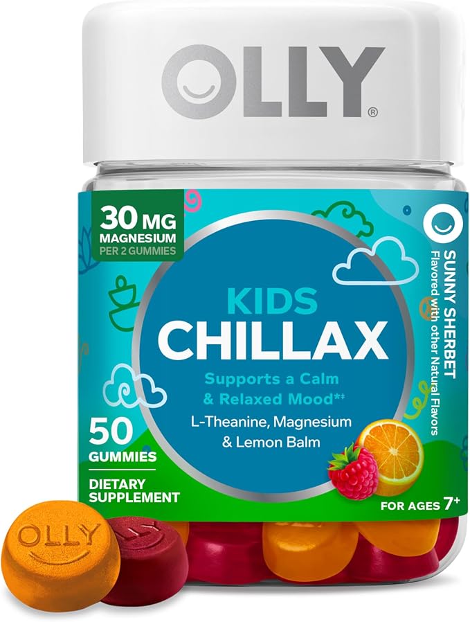 OLLY Kids Chillax Gummy, For a Calm and Relaxed Mood*, Magnesium, L-Theanine, Lemon Balm Extract, Chewable Supplement, Sherbet Flavored, 25 Day Supply - 50 Count (Packaging May Vary)