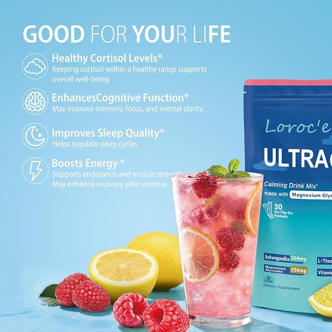 UltraCalm Cortisol Drink Mix - Raspberry Lemonade with Ashwagandha, Magnesium Glycinate & L-Theanine Supplement - Sleep and Relaxation Support (2 x 30 Travel Packets)