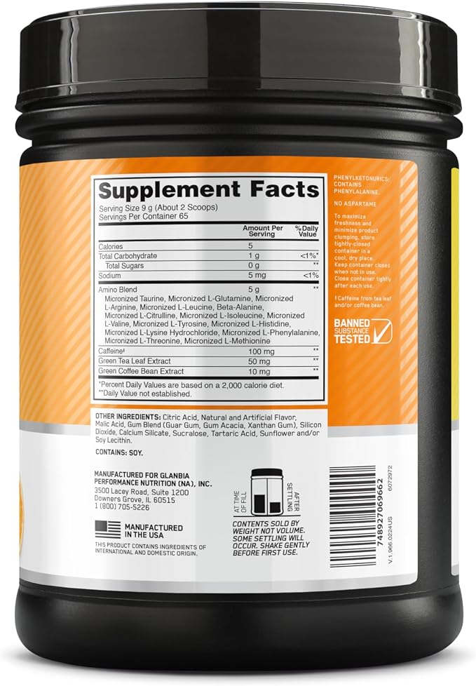 Optimum Nutrition Amino Energy - Pre Workout with Green Tea, BCAA, Amino Acids, Keto Friendly, Green Coffee Extract, Energy Powder - Citrus Spritz, 65 Servings (Packaging May Vary)