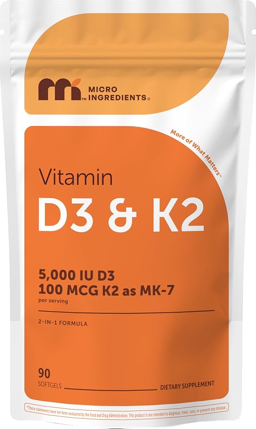 Micro Ingredients Vitamin D3 5,000 IU + K2 MK-7 100 mcg Per Serving, 90 Softgels | 2-in-1 D3 K2 Supplement | Easy-to-Swallow, Non-GMO, Gluten Free