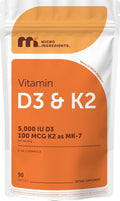 Micro Ingredients Vitamin D3 5,000 IU + K2 MK-7 100 mcg Per Serving, 90 Softgels | 2-in-1 D3 K2 Supplement | Easy-to-Swallow, Non-GMO, Gluten Free