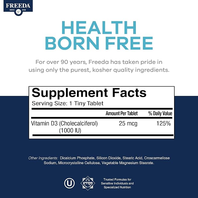FREEDA Pure Vitamin D3 1000 IU – Daily Maintenance Dose – Bone Health, Joint, Muscle & Immune Support – Vit D3 Vitamin D Supplement for Women & Men – 25 mcg 1,000 IU Easy-to-Swallow (500 Tiny Tablets)