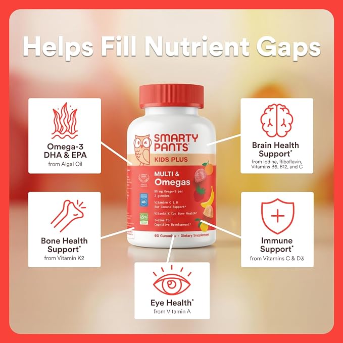 SmartyPants Kids Multivitamin Gummies, Omega 3 (DHA/EPA), Vitamins D3, C, B12, B6, Vitamin A, K & Zinc, Gluten Free, Three Fruit Flavors, 80 Count (40 Day Supply)