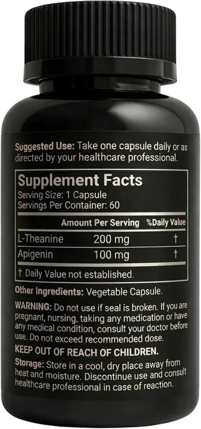 Apigenin 100mg with L-Theanine 200mg Supplement Capsules for Sleep Support, Relaxation, Clarity & Calm | Melatonin Free | 60 Vegan Capsules