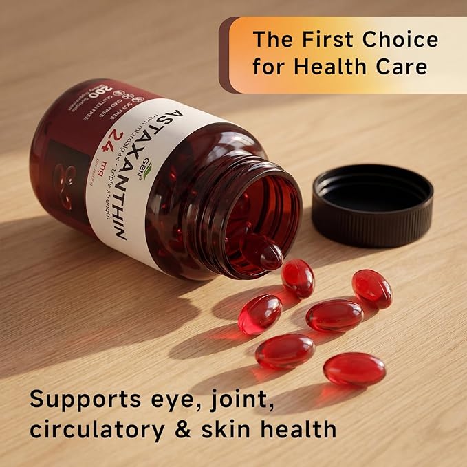 GBN Astaxanthin Supplements 24mg 200 Softgels, Supports Eye, Skin, Joint, Brain, Heart & Immune System Health, Stamina & Healthy Aging for Women & Men, Fresh Microalgae Source