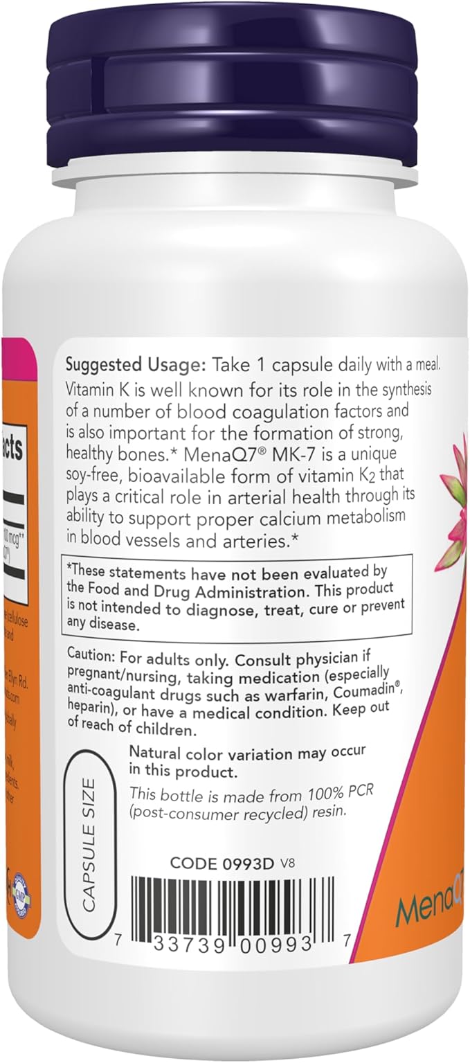 NOW Foods Supplements, MK-7 Vitamin K-2 100 mcg, Cardiovascular Support*, Supports Bone Health*, 120 Veg Capsules
