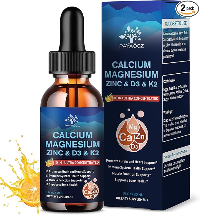 (2 Pack) 10 in 1 Magnesium Calcium Zinc Supplement with Vitamin C D3 K2, Glycinate Mag Vegan Liquid Drops Plus L-Theanine Boron Sea Moss Extract, Bone & Immune Support, Orange Flavor, 1 Fl Oz
