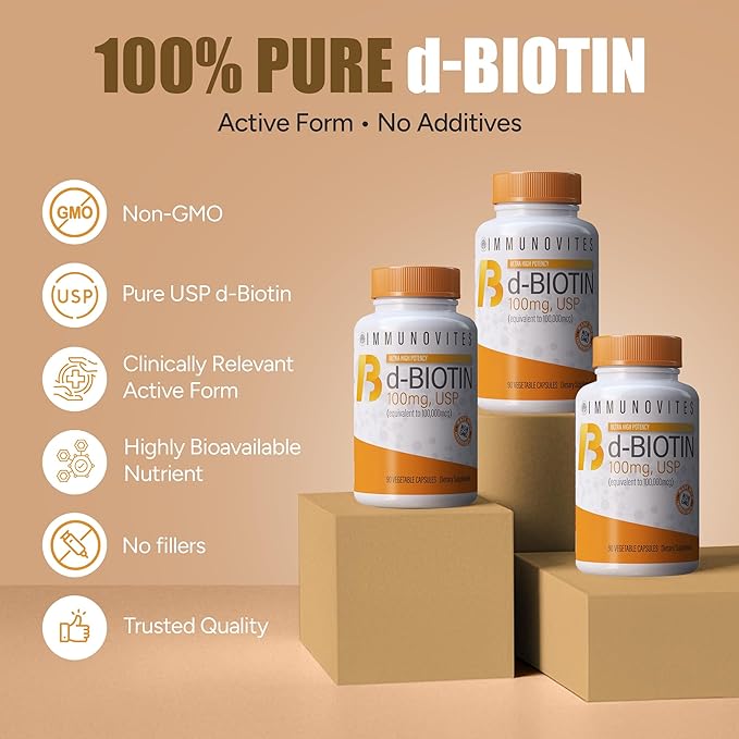 IMMUNOVITES High Dose Biotin (as d-Biotin, USP) 100mg (Equivalent to 100,000mcg) 90 Capsules, High Potency