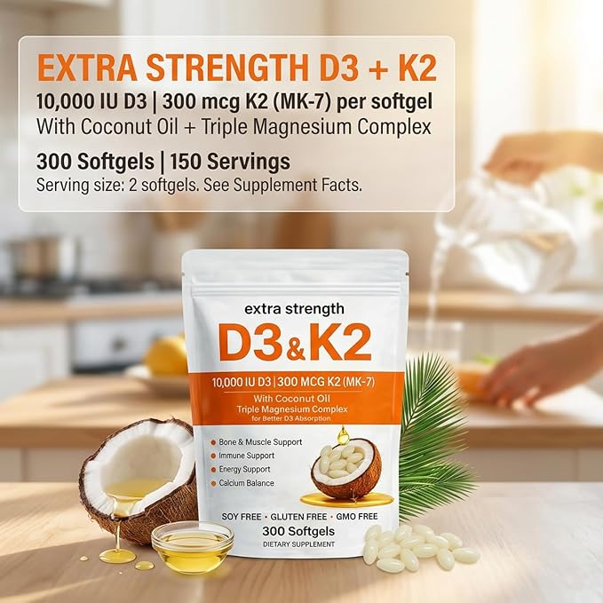 ELVERA Vitamin D3 K2 Magnesium Complex, Extra Strength D3 & K2 with Triple Magnesium Softgels, D3 K2 Vitamin 10000 IU Softgels(1)