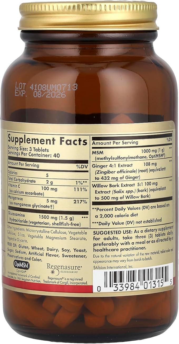 Solgar Glucosamine MSM Complex, 120 Tablets - Promotes Healthy Joints - Supports Range of Motion & Flexibility - Supports Collagen - Shellfish-Free - Gluten Free, Dairy Free, Kosher - 40 Servings