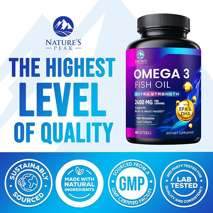 Omega 3 Fish Oil Supplements - 2400mg Fish Oil Per Serving - Triple Strength Omega-3 with Fatty Acids EPA & DHA - Natural Heart, Brain & Immune Support - Wild Caught, Bottled in USA - 60 Softgels