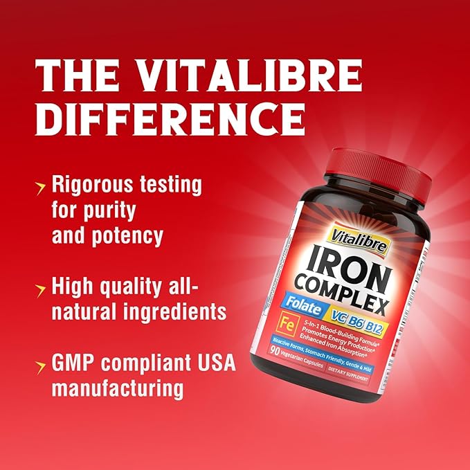 Iron Supplement for Women & Men, with Vitamins C, B6, B12 & Folate for Iron Deficiency, Blood Building & Energy Support, Stomach Friendly, Better Absorption, Non-GMO, No Gluten, 90 Vegan Caps