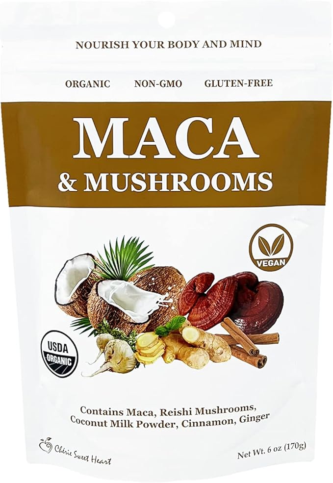 Cherie Sweet Heart Maca Mushrooms Blend (Maca + Reishi + Coconut Milk + Cinnamon + Ginger), 6oz Bag, 15 Servings — Organic, Non-GMO, Vegan, Gluten-Free