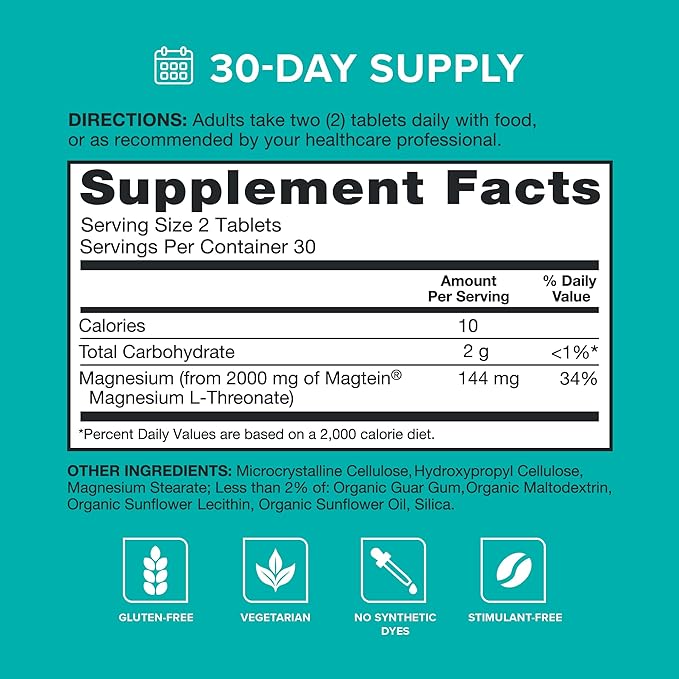 Qunol Q-Mag Magnesium L-Threonate Tablets, 2000mg of Magtein to Help Support Cognitive Performance, Improve Mental Alertness & Productivity, Supports Restful Sleep, High Absorption, 60 Count