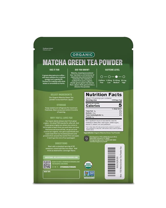 FGO Organic Matcha Green Tea Powder - Organic Matcha for Lattes, Smoothies & Baking - USDA Organic & Non-GMO - 4 oz Resealable Bag
