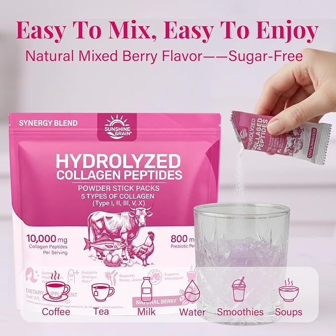 Multi Collagen Peptides Powder for Women – 10g Hydrolyzed Collagen Type I, II, III, V & X with Biotin, Hyaluronic Acid & Prebiotics | Hair, Skin, Nail & Bone Support | Berry Flavor | 30 Stick Packs