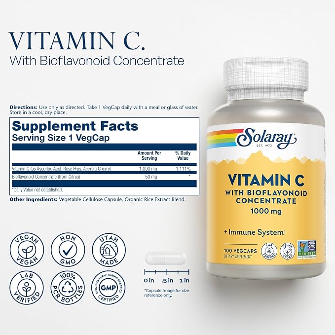 SOLARAY Vitamin C with Bioflavonoid Concentrate - Rose Hips, Acerola Cherry and Bioflavonoids - Vitamin C 1000mg - Immune Function, Skin, Hair, Nails Support - Vegan - 100 Servings, 100 VegCaps