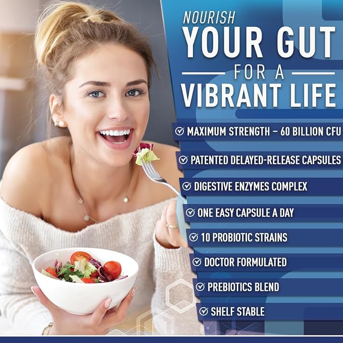 Purely Optimal Probiotics for Digestive Health, 60 Billion CFU – Delayed-Release with Digestive Enzymes & Organic Prebiotics – Bloating, Immune & Energy Support, 30 Caps