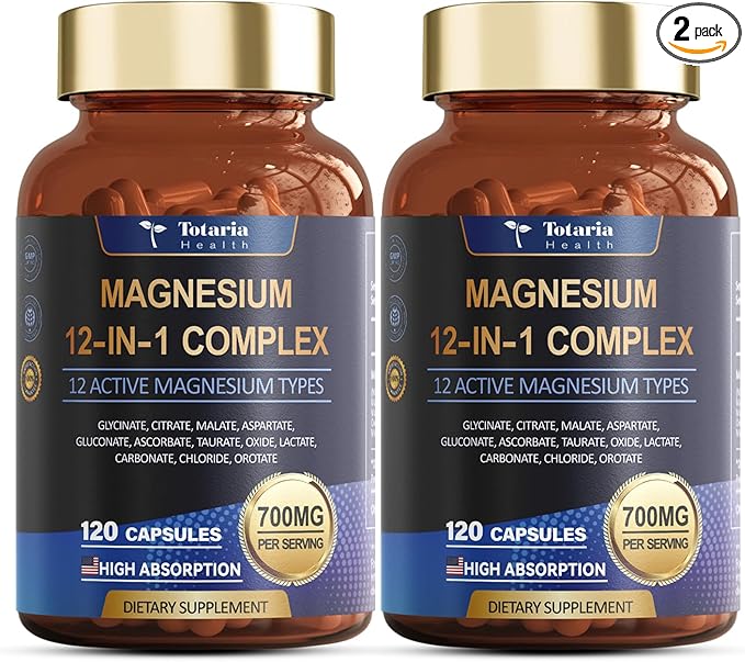 Magnesium Complex 700mg 12 in 1 Magnesium Supplement with Glycinate Citrate Malate Oxide Taurate Aspartate Orotate Magnesium Relaxation,Muscle,Heart Support, Vegan 120 Capsules 2PK