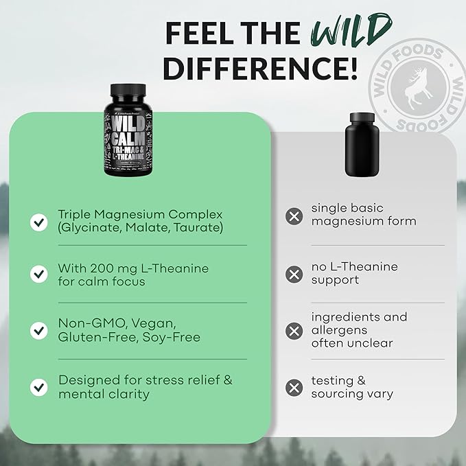 Wild Foods 3 in 1 Magnesium Glycinate L Theanine for Calm Sleep & Muscle Relaxation - Glycinate, Malate, Taurate - 100% Natural Magnesium Complex for Women and Men - 60 Capsules