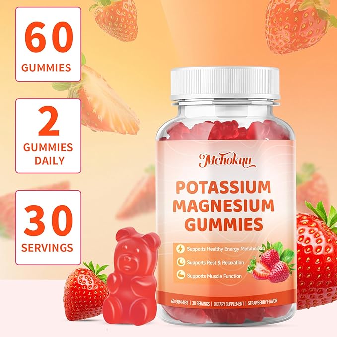 Potassium Magnesium Gummies – High Absorption Magnesium Glycinate – Magnesium Potassium Supplement Gummies with Vitamin B6, D3, B12 for Muscle Support, Sugar-Free Strawberry Flavor, 120 Count