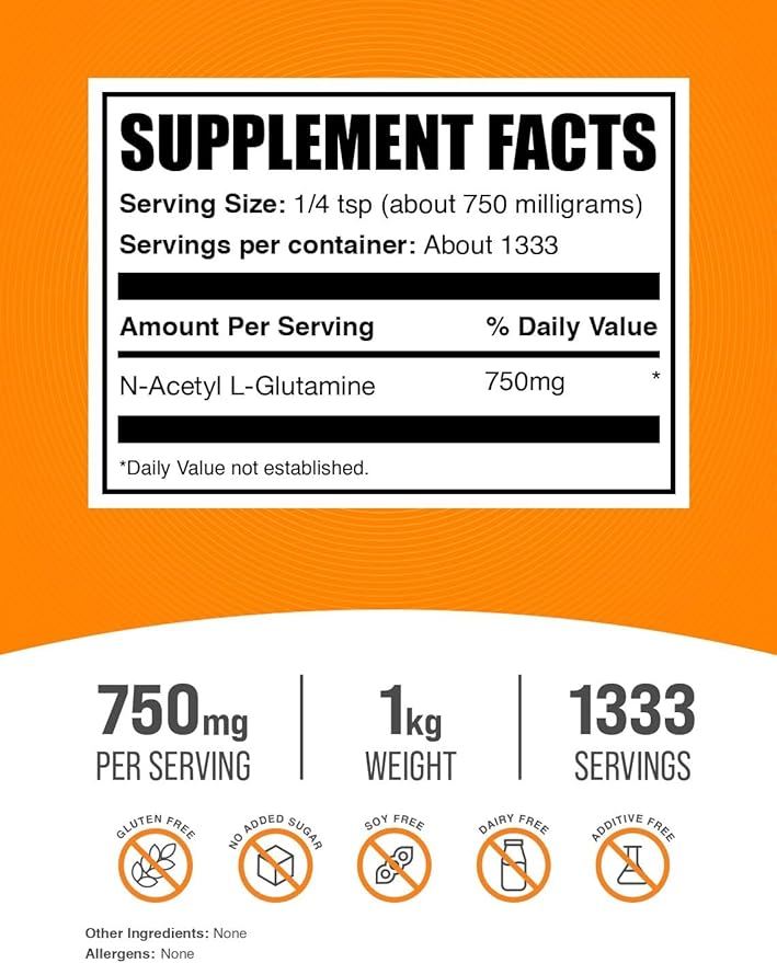 BulkSupplements.com N-Acetyl L-Glutamine Powder - Glutamine Supplement, L Glutamine Powder - Gut Health & Recovery, Glutamine 750mg - Gluten Free, 750mg per Serving, 1kg (2.2 lbs)