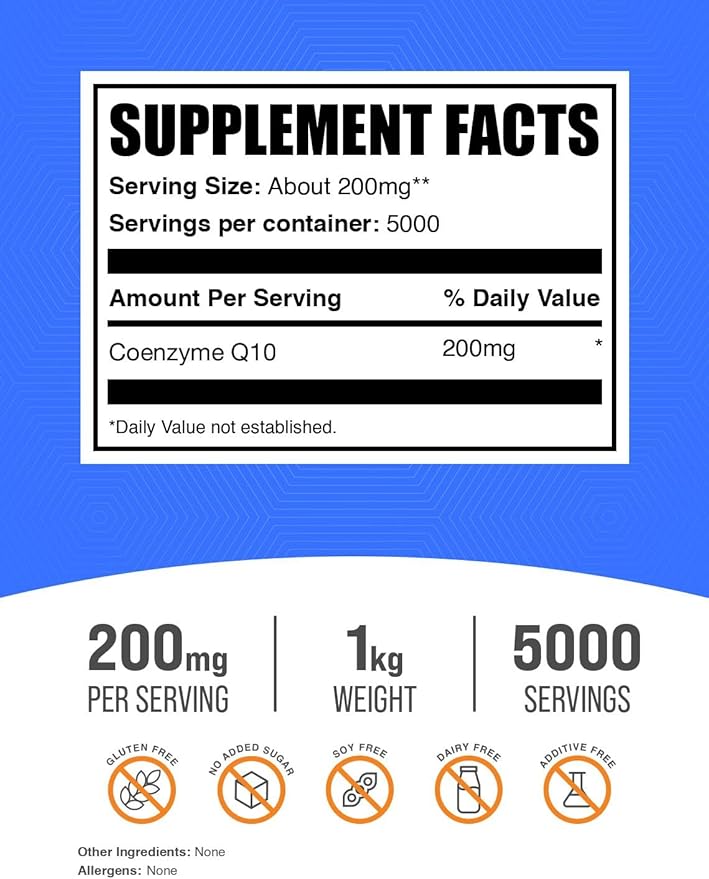 BulkSupplements.com Coenzyme Q10 Powder - Coenzyme Q10 200mg Supplement, Nutritional Supplement - Gluten Free, 200mg per Serving, 1kg (2.2 lbs) (Pack of 1)