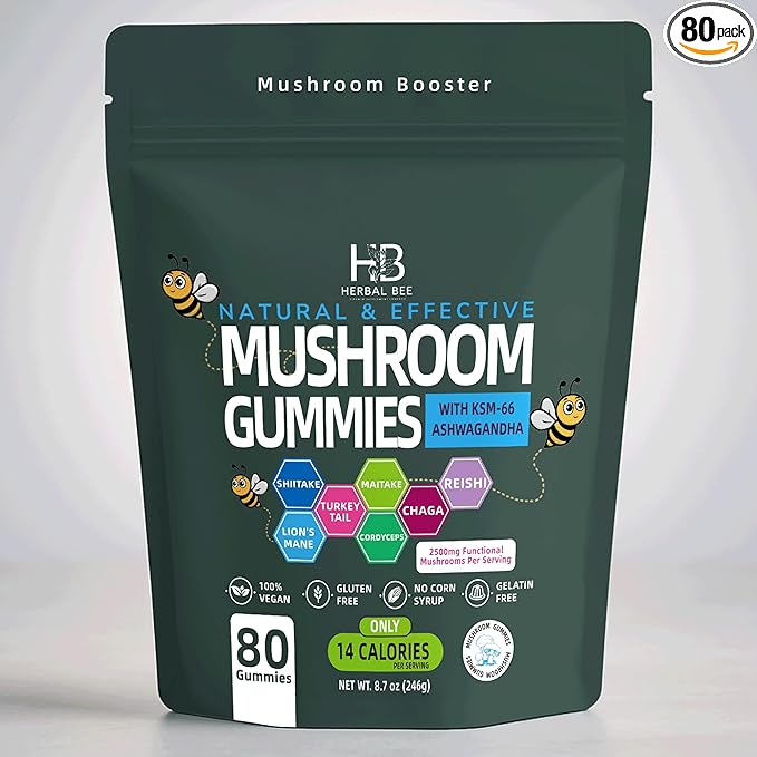 Organic Ashwagandha & Lions Mane Mushroom Gummies - Reishi, Cordyceps, Turkey Tail, Maitake, Shitake & Chaga, Immune Support & defense, Brain Boost, Vegan, All-in-One Superfood supplement | 80 gummies
