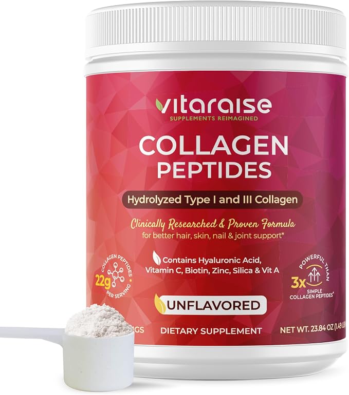 Hydrolyzed Collagen Powder - Type I & III Grass Fed Naturally 3X Powerful Collagen Peptides Powder for Women & Men - Hair, Skin, Nail, Joints - Unflavored, Gluten Free, 22g per 30 Serving - 1.49 lbs