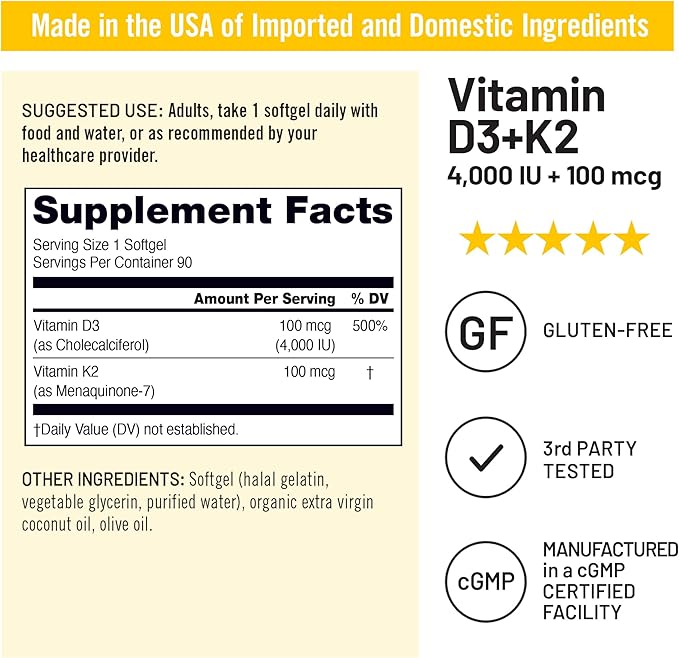 NatureWise Vitamin D3 4000IU + K2 (MK7) 100mcg with Organic Extra Virgin Coconut Oil - Supports Calcium Absorption, Bone & Immune Health - Non-GMO, Soy & Gluten-Free - 90 Softgels[3-Month Supply]
