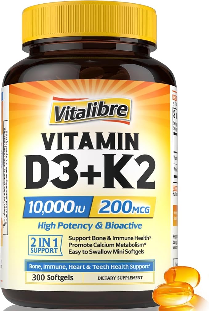 Vitalibre Vitamin D3 K2 Supplement, 10000 IU D3 / 200 mcg K2 MK7, Calcium Absorption, Bone, Heart, Immune & Mood Support, Enhanced Absorption, No Soy, Easy to Swallow, 300 Softgels