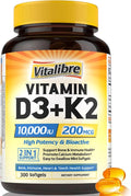Vitalibre Vitamin D3 K2 Supplement, 10000 IU D3 / 200 mcg K2 MK7, Calcium Absorption, Bone, Heart, Immune & Mood Support, Enhanced Absorption, No Soy, Easy to Swallow, 300 Softgels