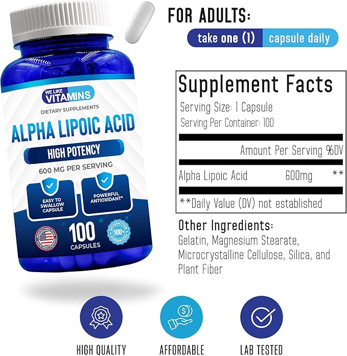 We Like Vitamins Alpha Lipoic Acid 600mg Capsules - 100 Servings - Alpha Lipoic Acid Capsules Helps Support Joint Health and Antioxidant Health Along with Free Radical Protection
