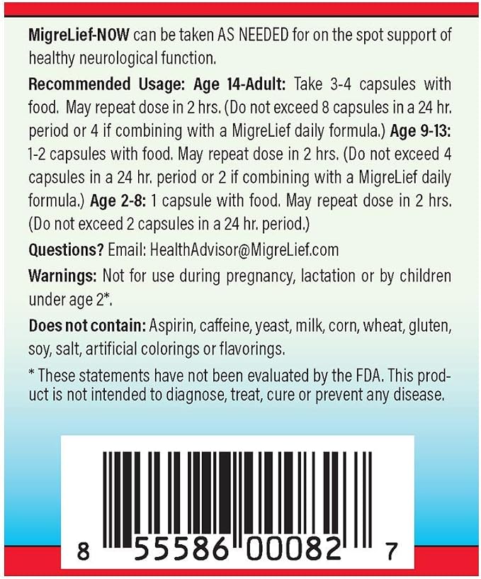 MigreLief-Now Fast-Acting Formula, As-Needed Nutritional Support for Migraine and Headache Sufferers - 60 Vegetarian Capsules
