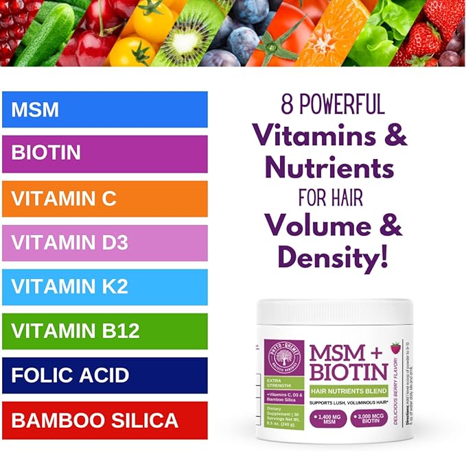 Qhemet Biologics MSM + Biotin Hair Nutrient Drink Mix - Vitamins Powder to Support Lush Volume - Bamboo Silica & Vitamins D3 + B12 for Hair Health - Jumpstart Your Hair Growth Journey (8.5 oz)