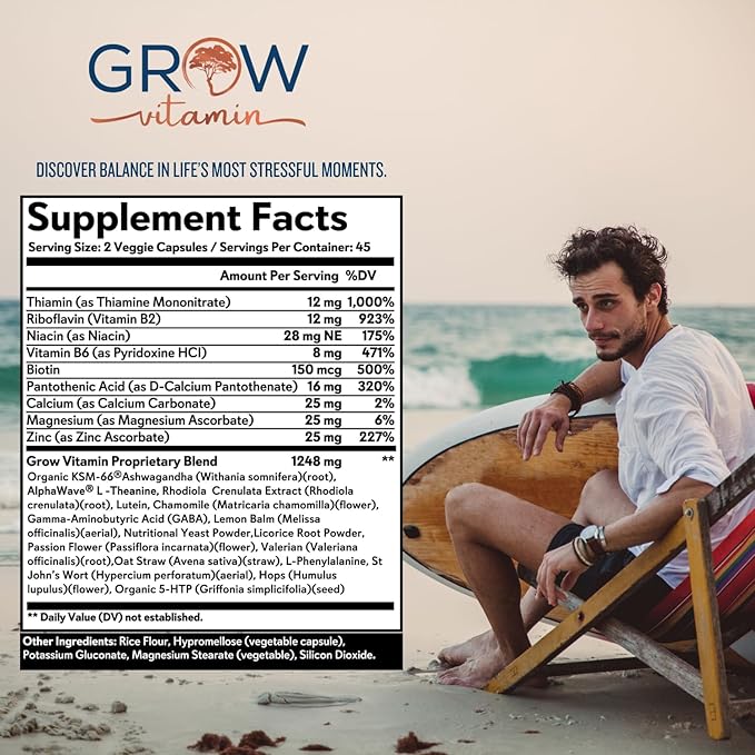 Grow Vitamin Adrenal Stress Advanced Formula, Organic KSM-66 Ashwagandha with AlphaWave L-Theanine, 5-HTP, Magnesium Blend - Everyday Stress Relief, Mood Support, Cognitive, Brain Health, 90 Capsules