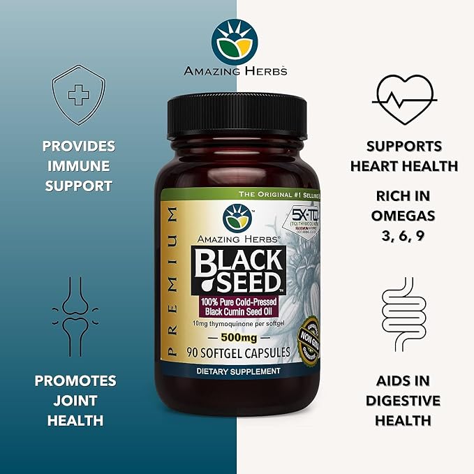 Amazing Herbs Premium Black Seed Oil Capsules - Gluten Free, Non GMO, Cold Pressed Nigella Sativa Aids in Digestive Health, Immune Support- 90 Count, (Pack of 2)
