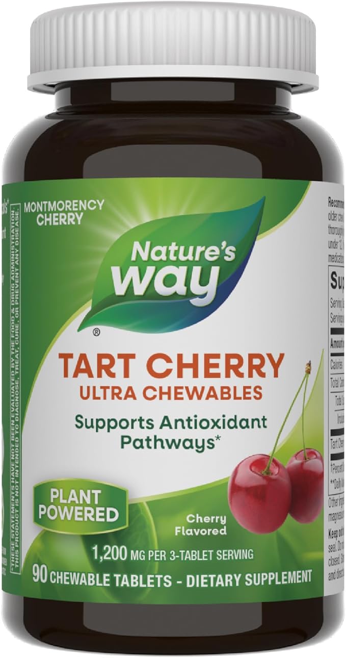 Nature's Way Tart Cherry Ultra Chewables, Supports Antioxidant Pathways* with Anthocyanins, 1,200 mg Potency per 3-tablet Serving, Cherry Flavored, Gluten Free, Vegan, 90 Count (Packaging May Vary)