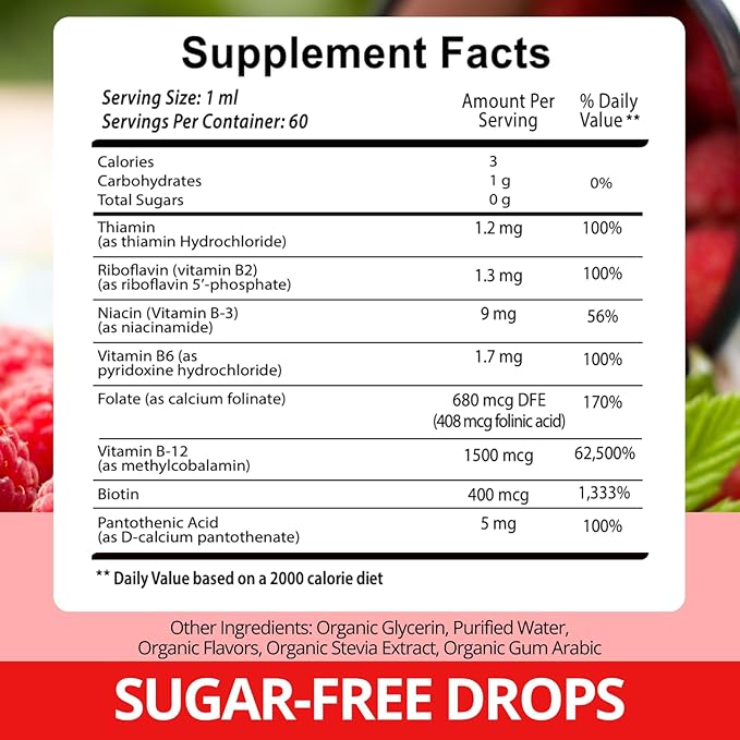 2 Pack Vitamin B Complex 20000 mcg - Vitamin B12 Sublingual Methylcobalamin Extra Strength Raspberry Liquid Drops for Women and Men - USA Made, B1, B2, B3, B5,B6, Biotin, Folic Acid | 4fl oz (120ml)