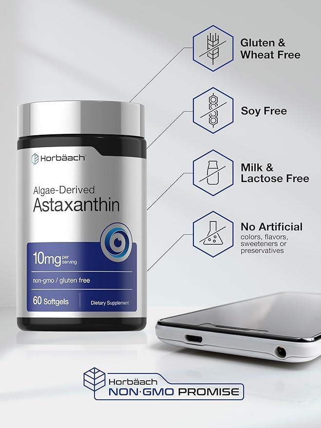 Horbäach Astaxanthin Supplements | 10mg | 60 Softgels | Algae Derived Formula | Non-GMO, Gluten Free