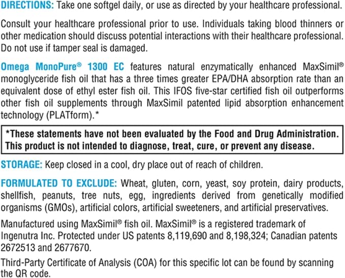 XYMOGEN Omega MonoPure 1300 EC - Heart & Brain Support - DHA & EPA Omega-3 Fish Oil - Monoglyceride High Absorption Softgels - Enteric Coated - 60 Softgels