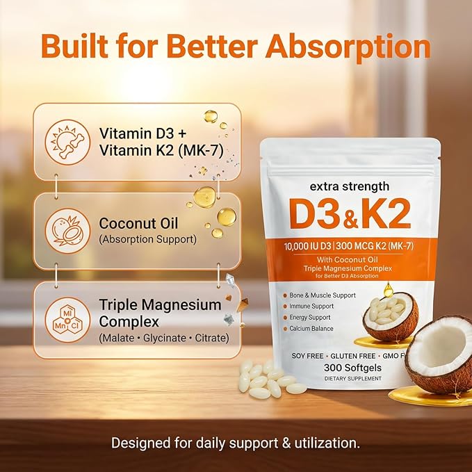 ELVERA Vitamin D3 K2 Magnesium Complex, Extra Strength D3 & K2 with Triple Magnesium Softgels, D3 K2 Vitamin 10000 IU Softgels(1)