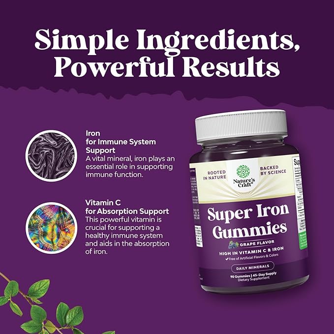 Extra Strength Iron Gummies for Women and Men - Potent 45mg per Serving Chewable Supplement for Women and Men with Vitamin C for Higher Absorption - Vegan Daily Iron Gummy No Artificial Flavors