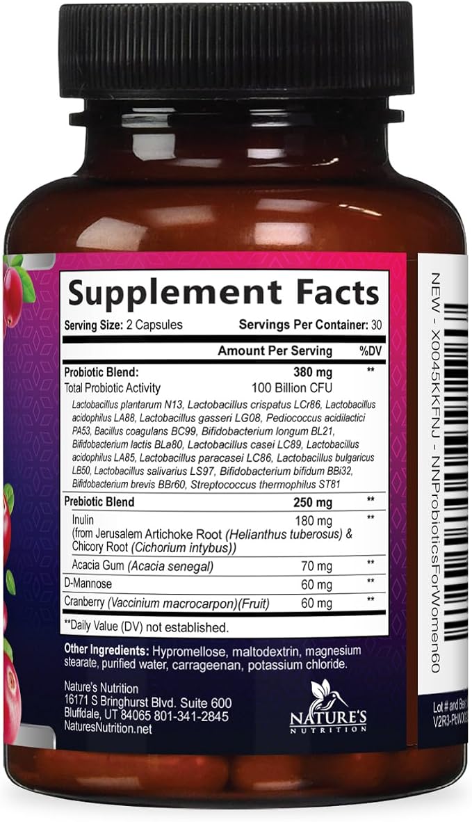 Probiotics for Women - Probiotic Blend 100 Billion CFU Per Serving - Women's Probiotic for Targeted Vaginal & Digestive Health Support - 16 Strains, Cranberry, Prebiotics - Bottled USA - 60 Capsules