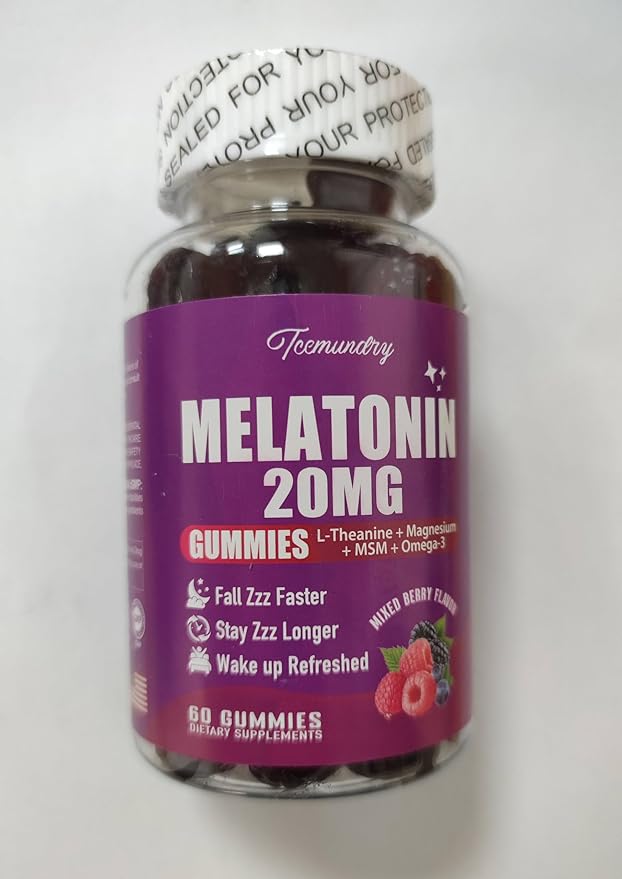 Melatonin Gummies 20mg for Adults - Maximum Strength Melatonin Gummies with L-Theanine, Omega-3, D3 & Zinc - Non-Habit Forming, Vegan, Non GMO, Natural Mixed Berry Flavor