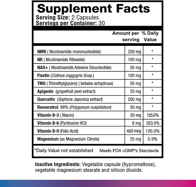 N.A.D.+ Longevity – Cardiovascular Support Supplement with NMN, NR, Resveratrol, Fisetin, Quercetin, TMG & Apigenin – Promote Healthy Heart Function & N.A.D.+ Levels – 60 Veggie Capsules