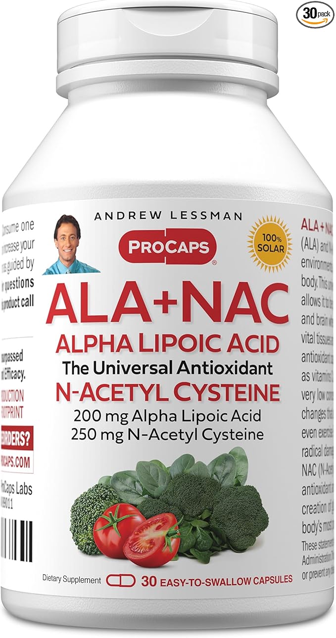 ANDREW LESSMAN ALA + NAC Alpha Lipoic Acid with N-Acetyl-Cysteine 30 Capsules - Ultra-High Potency, Anti-Oxidant Support for Nervous System, Heart, Brain, Liver, Kidneys, Lungs, Energy. No Additives