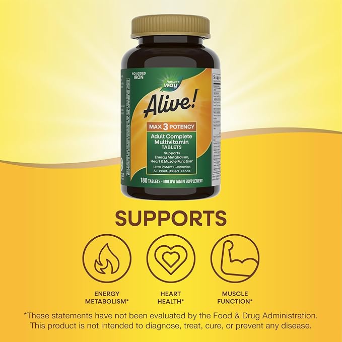 Nature's Way Alive! Max3 Potency Adult Complete Multivitamin, High Potency B-Vitamins to Support Cellular Energy Metabolism*, Multivitamin with Methylated B12 & Folate, No Added Iron, 180 Tablets
