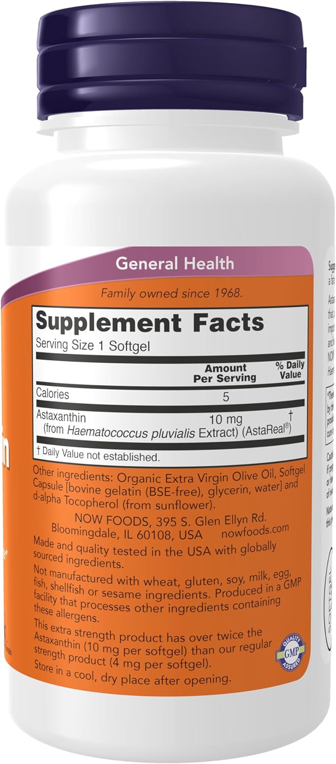 NOW Foods Supplements, Astaxanthin 10mg, Extra Strength,derived from Non-GMO Haematococcus Pluvialis Microalgae and has naturally occurring Lutein, Canthaxanthin and Beta-Carotene, 60 Softgels